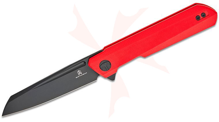 Bestechman Ostap Hel Dundee Liner Lock Flipper Knife 3.5 inch D2 Black PVD Sheepsfoot Blade, Red G10 Handles