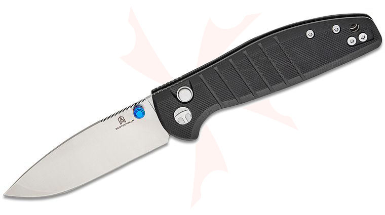 Bestechman Keanu Goodboy Jr. Button Lock Folding Knife 3 inch D2 Satin Drop Point Blade, Black G10 Handles