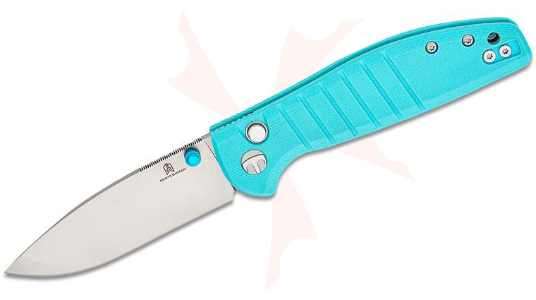 Bestechman Keanu Goodboy Jr. Button Lock Folding Knife 3 inch D2 Satin Drop Point Blade, Light Blue G10 Handles