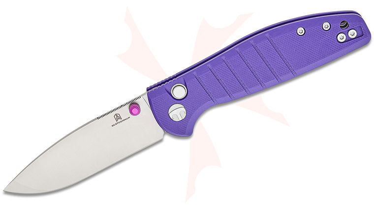 Bestechman Keanu Goodboy Jr. Button Lock Folding Knife 3 inch D2 Satin Drop Point Blade, Purple G10 Handles
