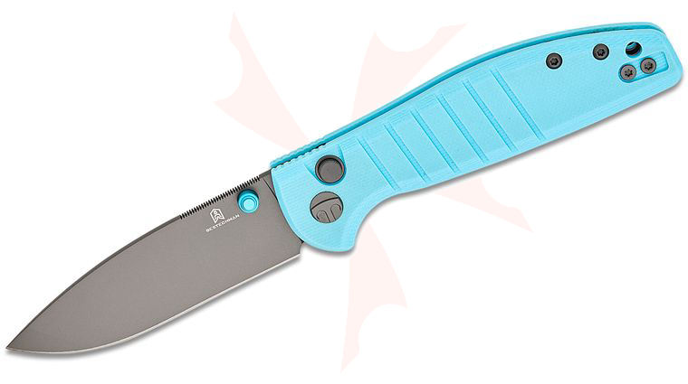 Bestechman Keanu Goodboy Jr. Button Lock Folding Knife 3 inch D2 Gray PVD Drop Point Blade, Blue G10 Handles