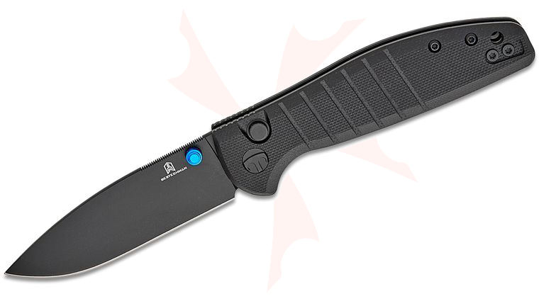 Bestechman Keanu Goodboy Jr. Button Lock Folding Knife 3 inch D2 Black PVD Drop Point Blade, Black G10 Handles