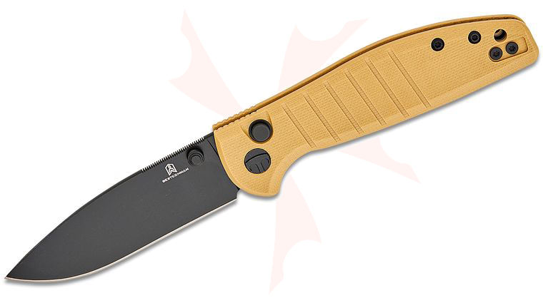 Bestechman Keanu Goodboy Jr. Button Lock Folding Knife 3 inch D2 Black PVD Drop Point Blade, Khaki G10 Handles