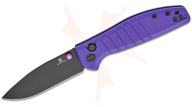 Bestechman Keanu Goodboy Jr. Button Lock Folding Knife 3 inch D2 Black PVD Drop Point Blade, Purple G10 Handles
