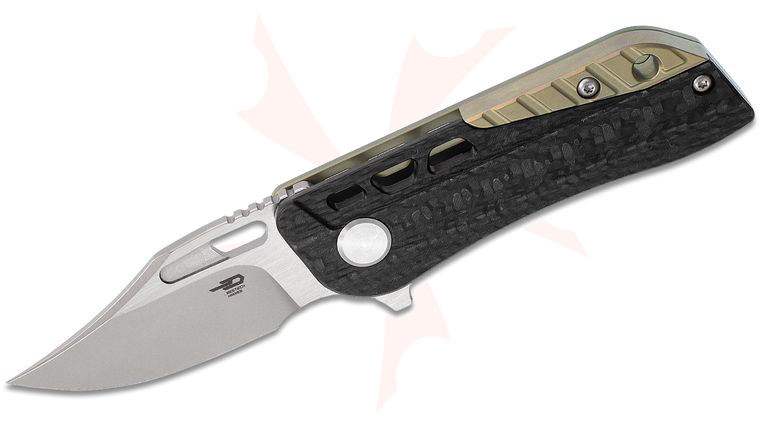 Bestech Knives Engine Flipper Knife 2.375 inch CPM-S35VN Two-Tone Satin/Bead-Blast Bowie Blade, Green Titanium and Carbon Fiber Handles