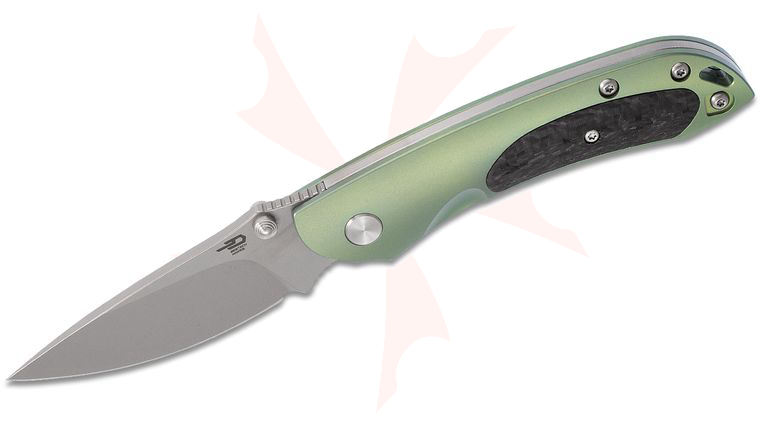 Bestech Knives Junzi Slipjoint Knife 2.8 inch CPM-S35VN Bead-Blast Drop Point, Green Titanium Handles with Carbon Fiber Inlays
