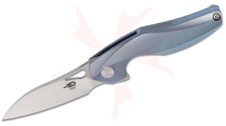 Bestech Knives Elijah Isham The Reticulan Flipper Knife 2.09 inch CPM-S35VN Two-Tone Modified Wharncliffe, Blue Anodized Titanium Handles, Kydex Sheath