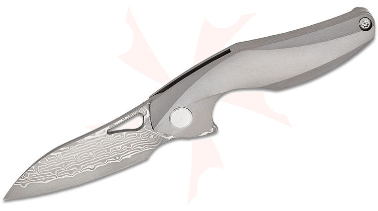 Bestech Knives Elijah Isham The Reticulan Flipper Knife 2.09 inch Damascus Modified Wharncliffe, Gray Anodized Titanium Handles, Kydex Sheath