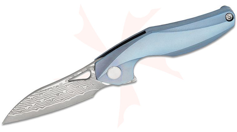 Bestech Knives Elijah Isham The Reticulan Flipper Knife 2.09 inch Damascus Modified Wharncliffe, Blue Anodized Titanium Handles, Kydex Sheath
