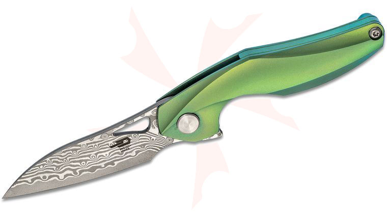 Bestech Knives Elijah Isham The Reticulan Flipper Knife 2.09 inch Damascus Modified Wharncliffe, Green Anodized Titanium Handles, Kydex Sheath