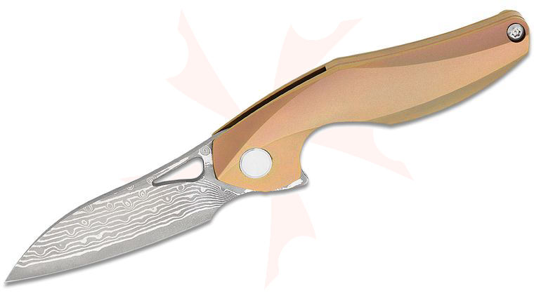 Bestech Knives Elijah Isham The Reticulan Flipper Knife 2.09 inch Damascus Modified Wharncliffe, Gold Anodized Titanium Handles, Kydex Sheath