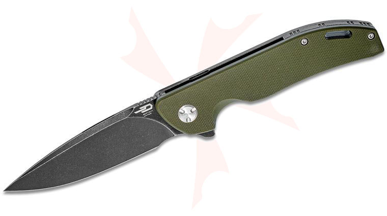 Bestech Knives Bison Flipper Knife 3.58 inch D2 Black Stonewashed Drop Point, Green G10 and Black Stonewashed Titanium Handles