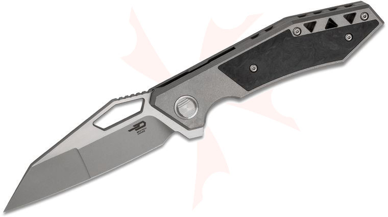 Bestech Knives Fractal Flipper Knife 3.5 inch S35VN Two-Tone Reverse Tanto Blade, Stonewashed Titanium Handles w/ Marbled Carbon Fiber Inlays