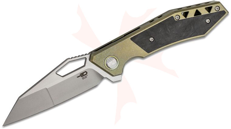 Bestech Knives Fractal Flipper Knife 3.5 inch S35VN Two-Tone Reverse Tanto Blade, Stonewashed Green Titanium Handles w/ Marbled Carbon Fiber Inlays