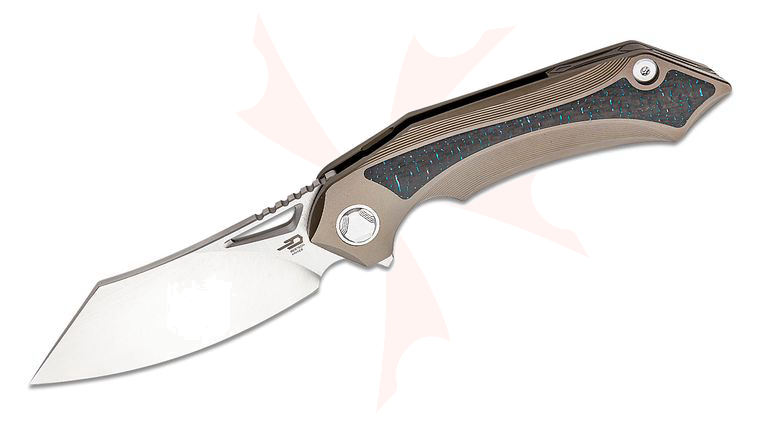 Bestech Knives Kombou Kasta Flipper Knife 3.46 inch M390 Two-Tone Reverse Tanto Blade, Milled Bronze Titanium Handles with Blue Carbon Fiber Inlays