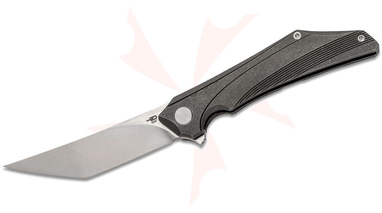 Bestech Knives Kamoza Flipper Knife 3.54 inch M390 Stonewashed Tanto Blade, Dark Gray Stonewashed Titanium Handles