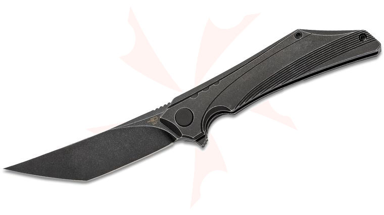 Bestech Knives Kamoza Flipper Knife 3.54 inch M390 Black Stonewashed Tanto Blade, Black Stonewashed Titanium Handles
