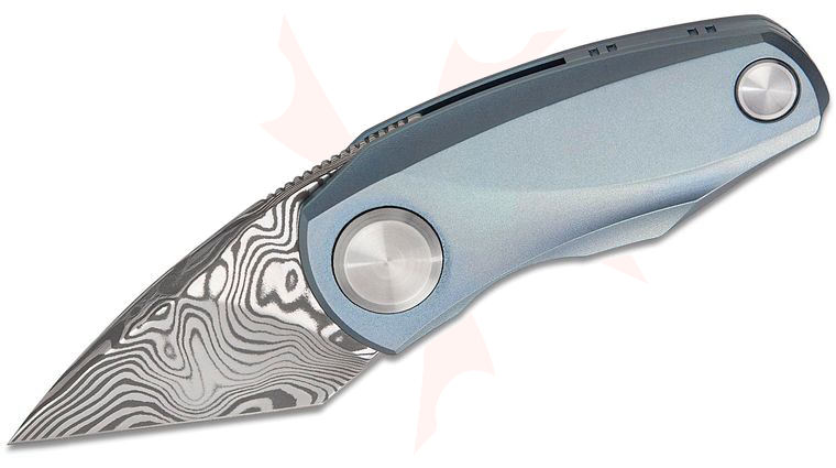 Bestech Knives Tulip Front Flipper Knife 1.53 inch Damasteel Polished Tanto Blade, Blue Anodized Titanium Handles