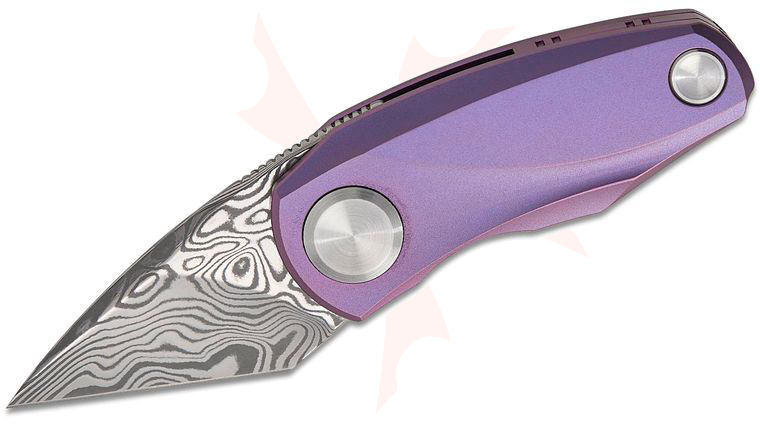 Bestech Knives Tulip Front Flipper Knife 1.53 inch Damasteel Polished Tanto Blade, Purple Anodized Titanium Handles