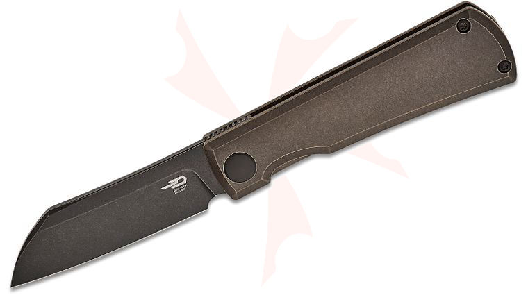 Bestech Knives Bruv Frame Lock Front Flipper Knife 2.95 inch M390 Black Stonewashed Sheepsfoot Blade, Black Stonewashed/Bronze Titanium Handles