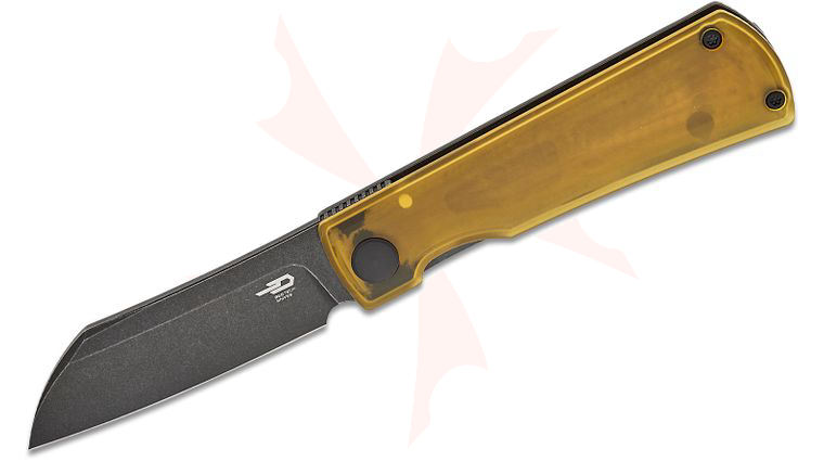 Bestech Knives Bruv Frame Lock Front Flipper Knife 2.95 inch M390 Black Stonewashed Sheepsfoot Blade, Ultem and Black Stonewashed Titanium Handles