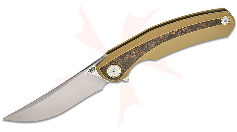 Bestech Knives Ostap Hel Sambac Frame Lock Flipper Knife 3.62 inch MagnaCut Stonewashed Upswept Blade, Gold Titanium Handles with Gold Dark Matter FatCarbon Inlays