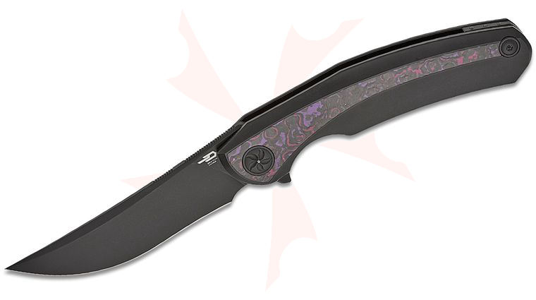 Bestech Knives Ostap Hel Sambac Frame Lock Flipper Knife 3.62 inch MagnaCut Black PVD Upswept Blade, Black Titanium Handles with Purple Haze FatCarbon Inlays