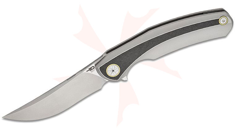 Bestech Knives Ostap Hel Sambac Frame Lock Flipper Knife 3.62 inch MagnaCut Stonewashed Upswept Blade, Titanium Handles with Marbled Carbon Fiber Inlays