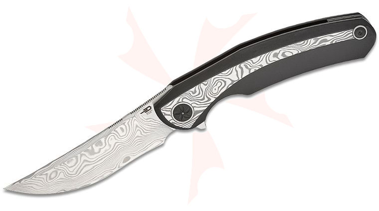 Bestech Knives Ostap Hel Sambac Frame Lock Flipper Knife 3.62 inch Damasteel Polished Upswept Blade, Black Titanium Handles with Polished Damasteel Inlays