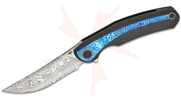 Bestech Knives Ostap Hel Sambac Frame Lock Flipper Knife 3.62 inch Damasteel Polished Upswept Blade, Black Titanium Handles with Timascus Inlays