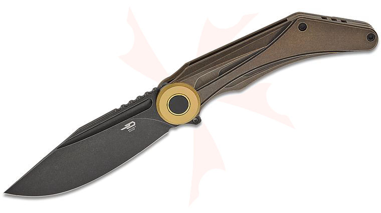 Bestech Knives Kombou Seraph Frame Lock Flipper Knife 3.66 inch M390 Black Stonewash Clip Point Blade, Dark Bronze Titanium Handles