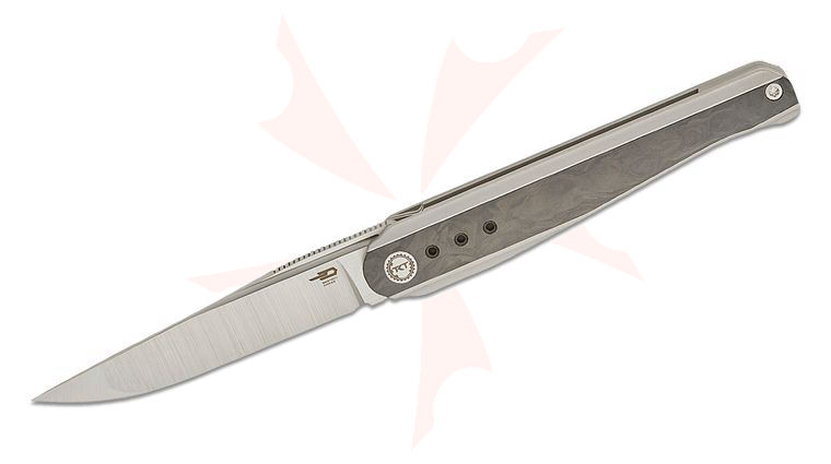 Bestech Knives Spear Phisher Frame Lock Flipper Knife 3.48 inch M390 Satin Drop Point Blade, Bead Blast Titanium Handles with Marble Carbon Fiber Inlays