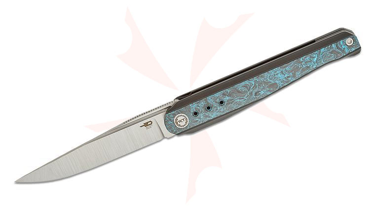 Bestech Knives Spear Phisher Frame Lock Flipper Knife 3.48 inch M390 Satin Drop Point Blade, Black Titanium Handles with Blue Carbon Fiber Inlays