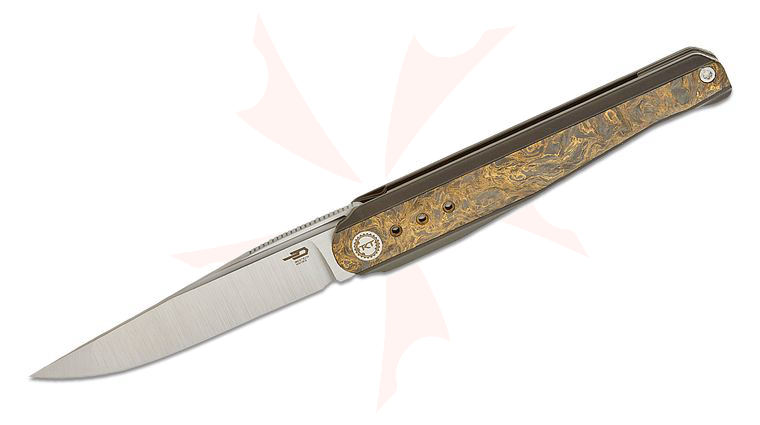 Bestech Knives Spear Phisher Frame Lock Flipper Knife 3.48 inch M390 Satin Drop Point Blade, Black Titanium Handles with Gold Dark Matter FatCarbon Inlays