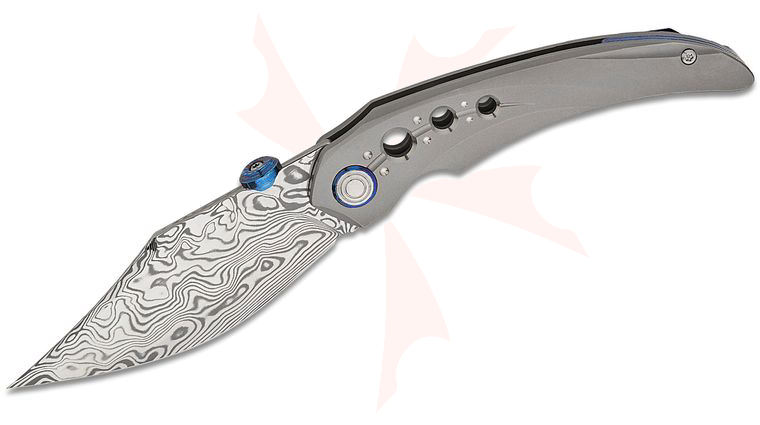 Bestech Knives Kombou Razon Frame Lock Folding Knife 3.87 inch Damasteel Mirror-Polished Bowie Blade, Bead Blast Titanium Handles with Timascus Accents