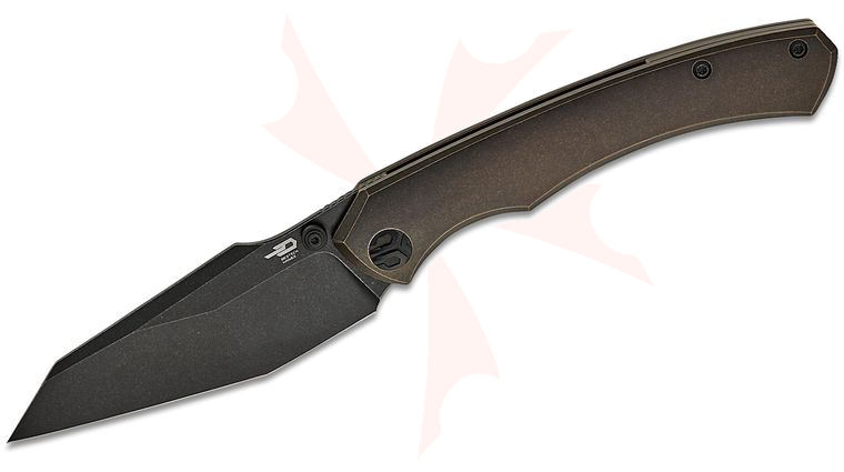 Bestech Knives Clastic Frame Lock Front Flipper Knife 3.62 inch MagnaCut Black Stonewashed Modified Reverse Tanto Blade, Dark Bronze Stonewashed Titanium Handles