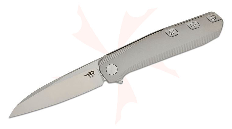 Bestech Knives 9 Frame Lock Flipper Knife 3.78 inch M390 Satin Modified Wharncliffe Blade, Bead Blast Titanium Handles