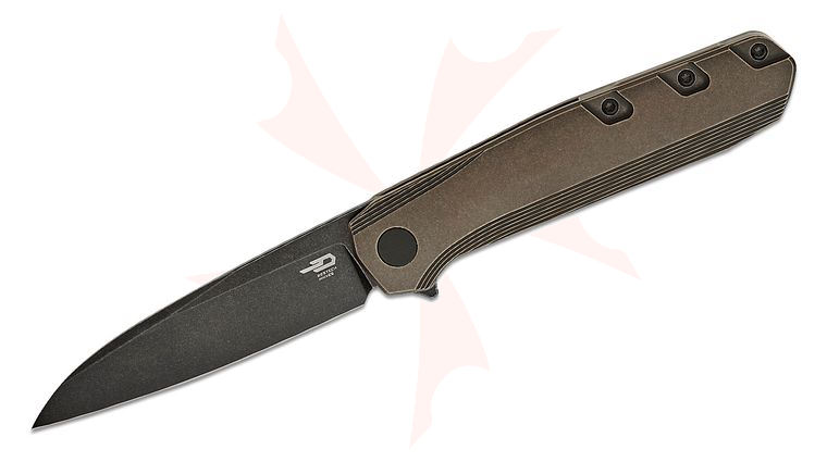 Bestech Knives 9 Frame Lock Flipper Knife 3.78 inch M390 Black Stonewash Modified Wharncliffe Blade, Black Bronze Titanium Handles