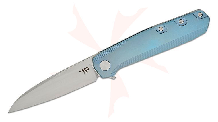 Bestech Knives 9 Frame Lock Flipper Knife 3.78 inch M390 Hand Satin Modified Wharncliffe Blade, Blue Titanium Handles