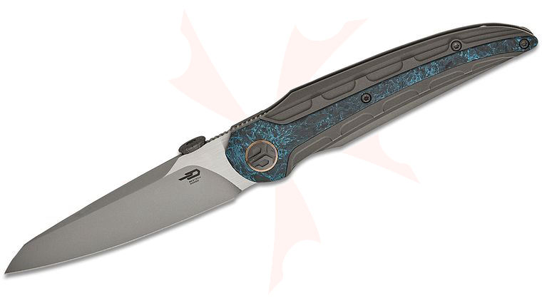 Bestech Knives Kombou Prydwen Frame Lock Front Flipper Knife 3.68 inch MagnaCut Bead Blast Sheepsfoot Blade, Milled Dark Bead Blast Titanium Handles with Blue Marble Carbon Fiber Inlays