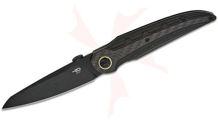 Bestech Knives Kombou Prydwen Frame Lock Front Flipper Knife 3.68 inch MagnaCut Black PVD Sheepsfoot Blade, Milled Black Titanium Handles with Carbon Fiber Inlays