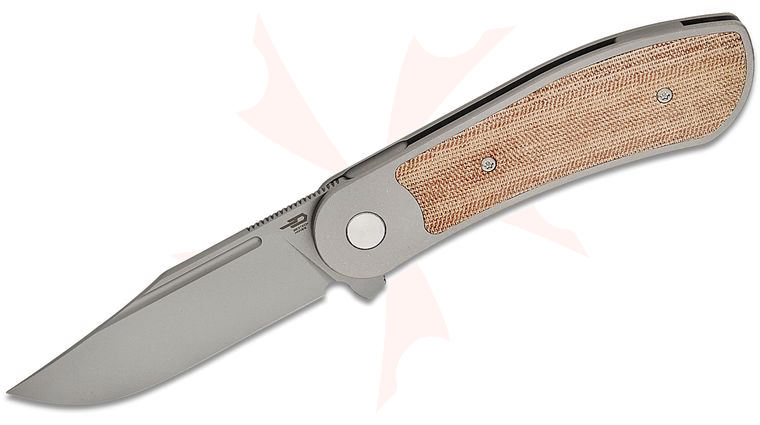 Bestech Knives Justin Lundquist Vestige Frame Lock Flipper Knife 3.47 inch MagnaCut Gray Stonewashed Clip Point Blade, Bead Blasted Titanium Handles with Natural Canvas Micarta Inlay