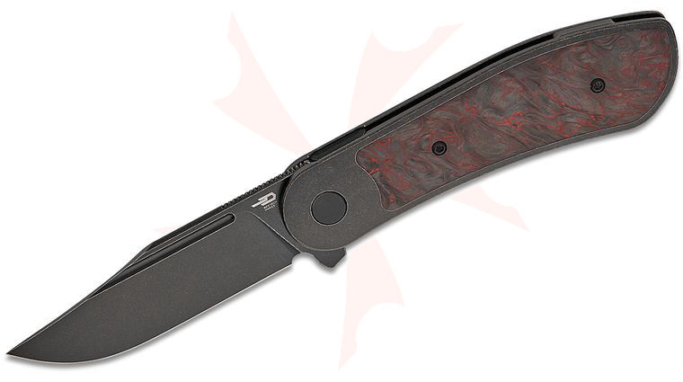 Bestech Knives Justin Lundquist Vestige Frame Lock Flipper Knife 3.47 inch MagnaCut Black Stonewashed Clip Point Blade, Black Titanium Handles with Red Marble Carbon Fiber Inlays