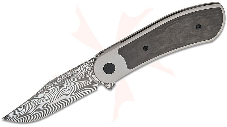 Bestech Knives Justin Lundquist Vestige Frame Lock Flipper Knife 3.47 inch Damasteel Clip Point Blade, White Bead Blasted Titanium Handles with Black Camo FatCarbon Inlays