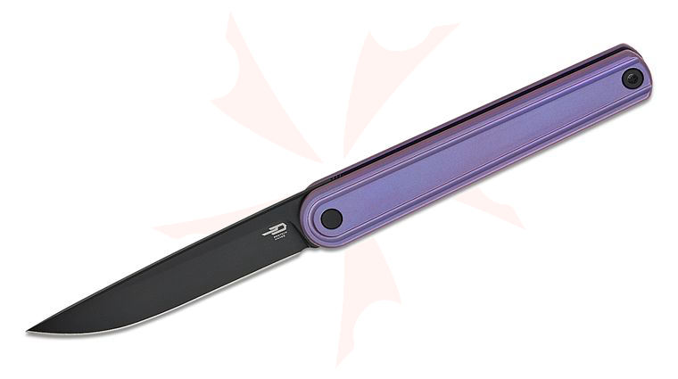 Bestech Knives Ink Gentleman's Front Flipper Knife 3.13 inch MagnaCut Black PVD Drop Point Blade, Purple Titanium Handles