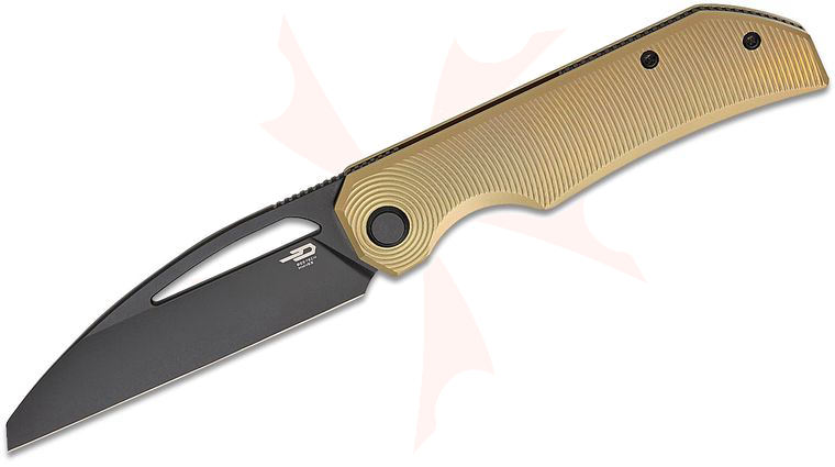 Bestech Knives Taipan Front Flipper Knife 3.73 inch MagnaCut Black PVD Sheepsfoot Blade, Bronze Titanium Handles
