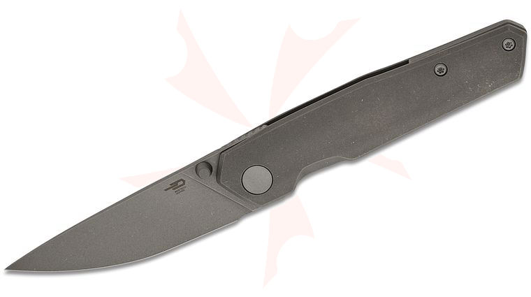 Bestech Knives VK-Kuze Frame Lock Front Flipper Knife 3.25 inch MagnaCut Dark Bead Blast Drop Point Blade, Stonewashed Titanium Handles