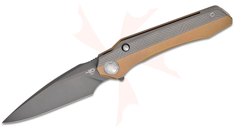 Bestech Knives Kombou Wet Nellie Button Lock Flipper Knife 3.53 inch MagnaCut Gray PVD Modified Wharncliffe Blade, Bronze/Gray Stonewashed Titanium Handles