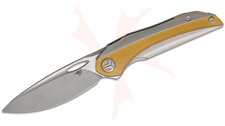 Bestech Knives Senu Frame Lock Flipper Knife 3.48 inch S90V Two-Tone Drop Point Blade, Stonewashed Titanium Handles with Ultem Inlays