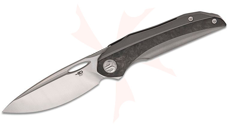 Bestech Knives Senu Frame Lock Flipper Knife 3.48 inch S90V Two-Tone Drop Point Blade, Gray PVD Titanium Handles with Marble Carbon Fiber Inlays